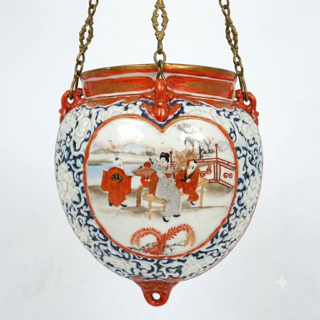 Japanese 19th C Kutani Hanging Vase Meiji Period
