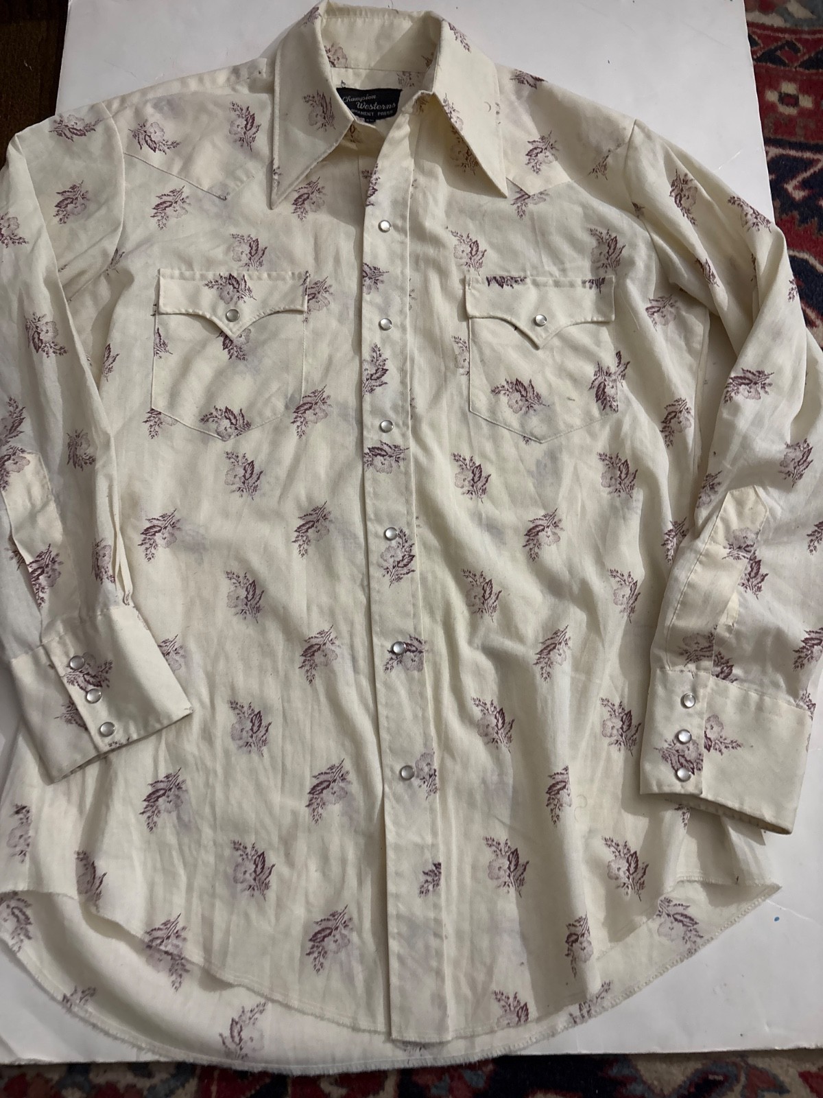 Vtg Champion Westerns Men\'s Floral Pearl Snap Western Shirt M Ivory 16 Vtg Champion Westerns Men\'s Floral Pearl Snap Western Shirt M Ivory 16