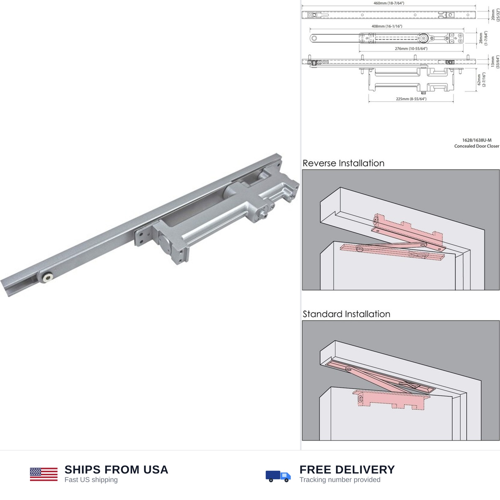 NHN1628U-M Concealed Door Closer, Non-Handed, Heavy-Duty, Up to 88lbs. Doors,...