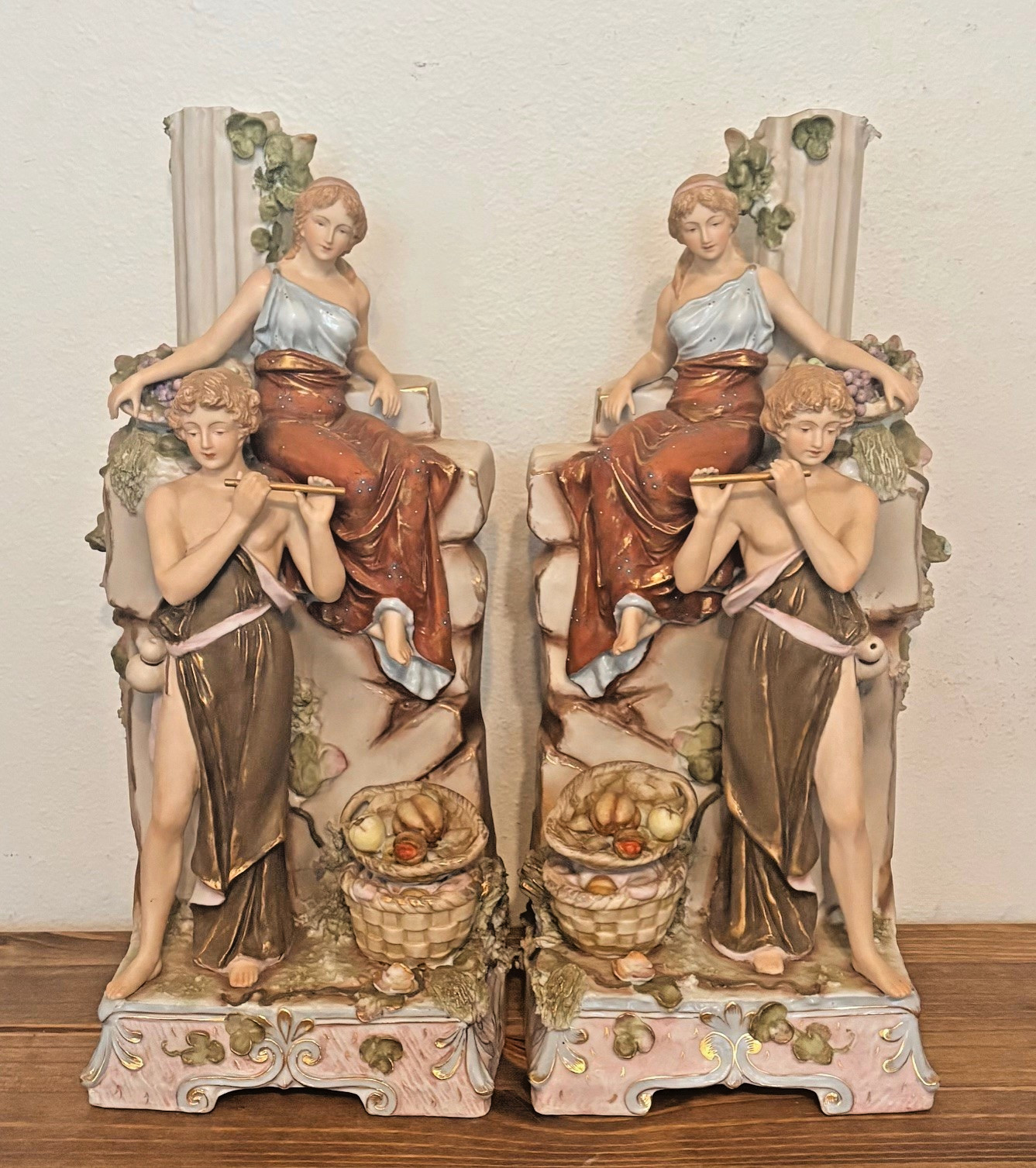 PAIR of 2 Antique German Porcelain Figural Sculptures Statues Lamp Bases - 19\