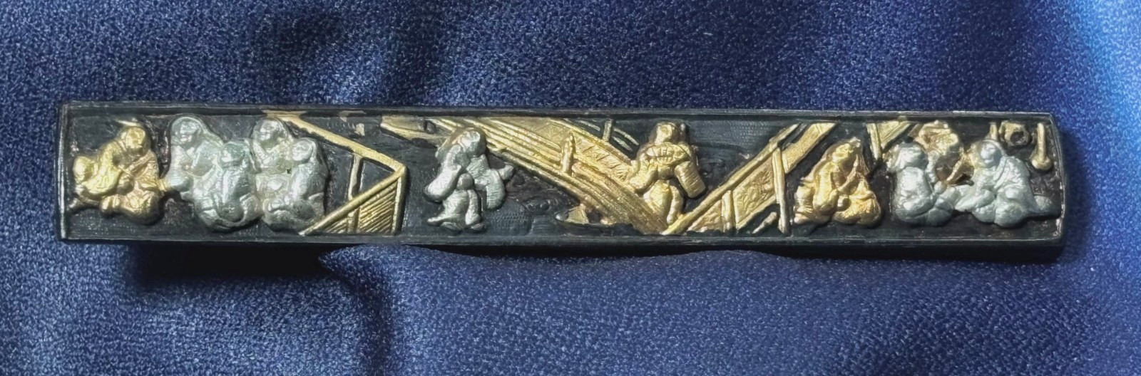Antique Japanese Copper Kozuka Heian Court Bridge Scene Gold Silver Inlay
