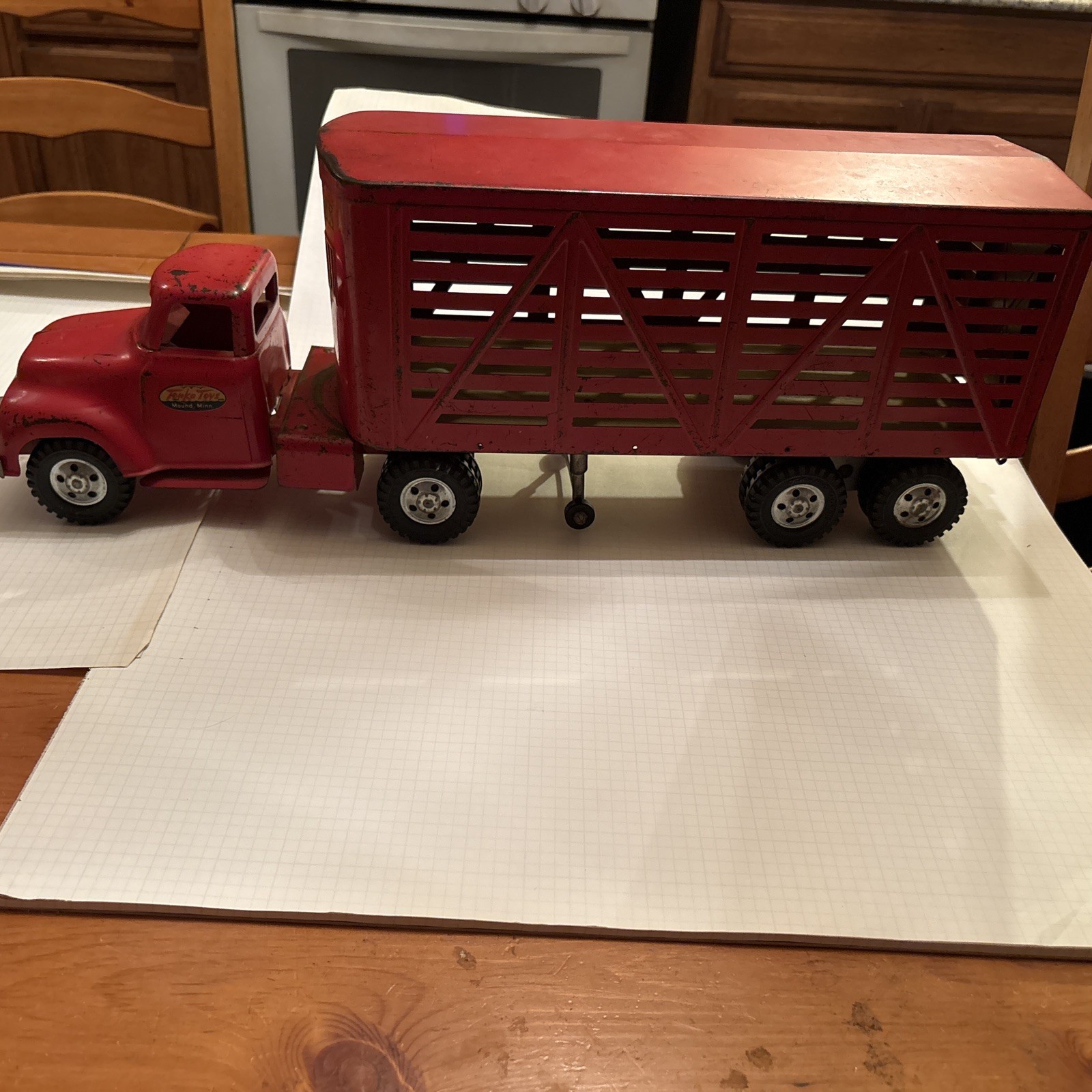 Vintage Tonka Toys Mound Metalcraft Red Steel Livestock Trailer Semi Truck