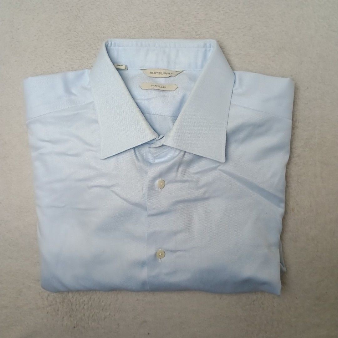 Suitsupply Shirt Mens 16.5 Light Blue Traveller Button-Up Slim Fit Cotton Work