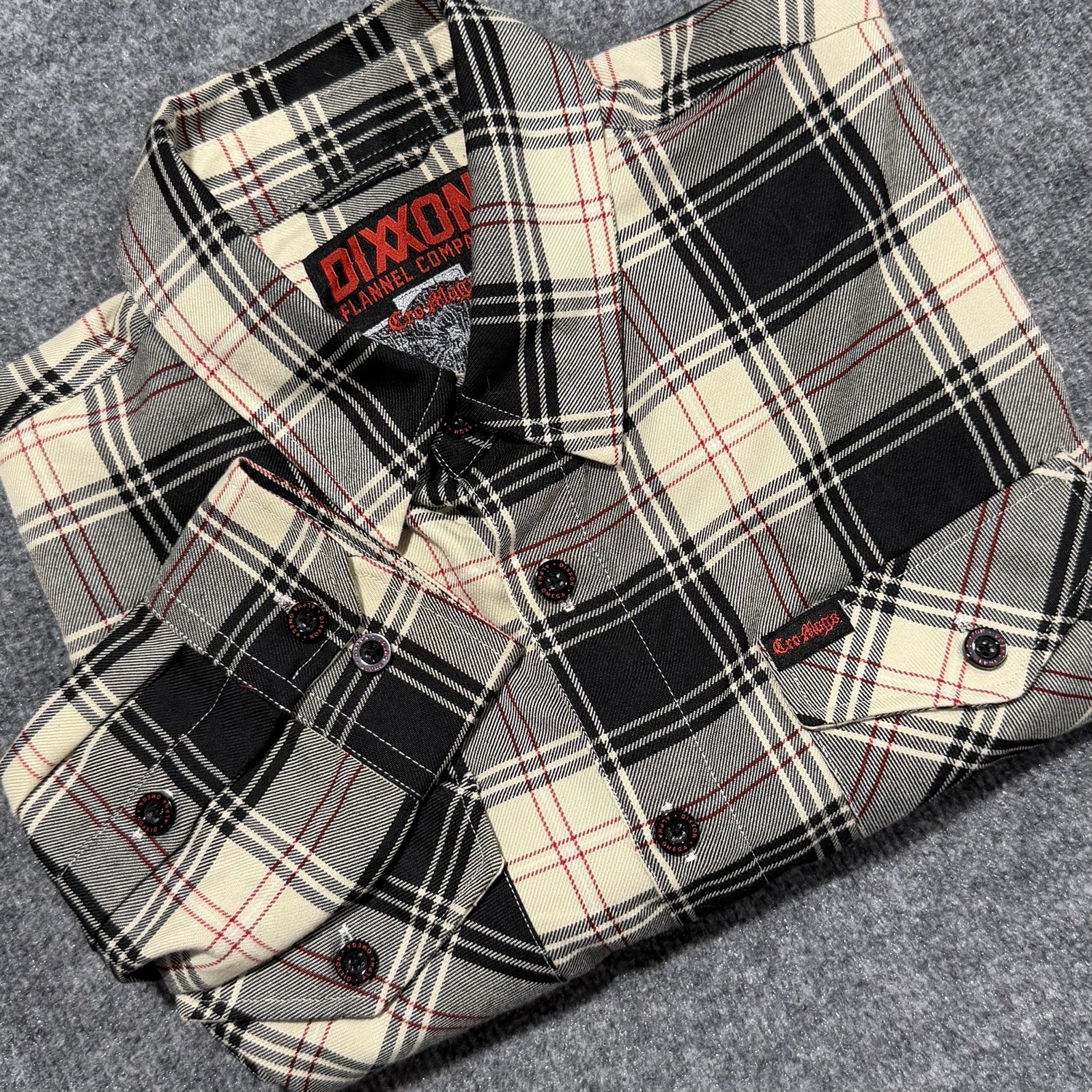 Dixxon Flannel Co CRO MAGS Mens Large Button Down Shirt Cream Black Red Plaid Dixxon Flannel Co CRO MAGS Mens Large Button Down Shirt Cream Black Red Plaid