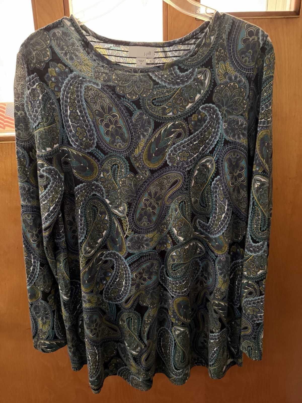 J Jill Womens Medium Paisley Tunic Top Blue Teal Long Sleeve Smocked Back Boho