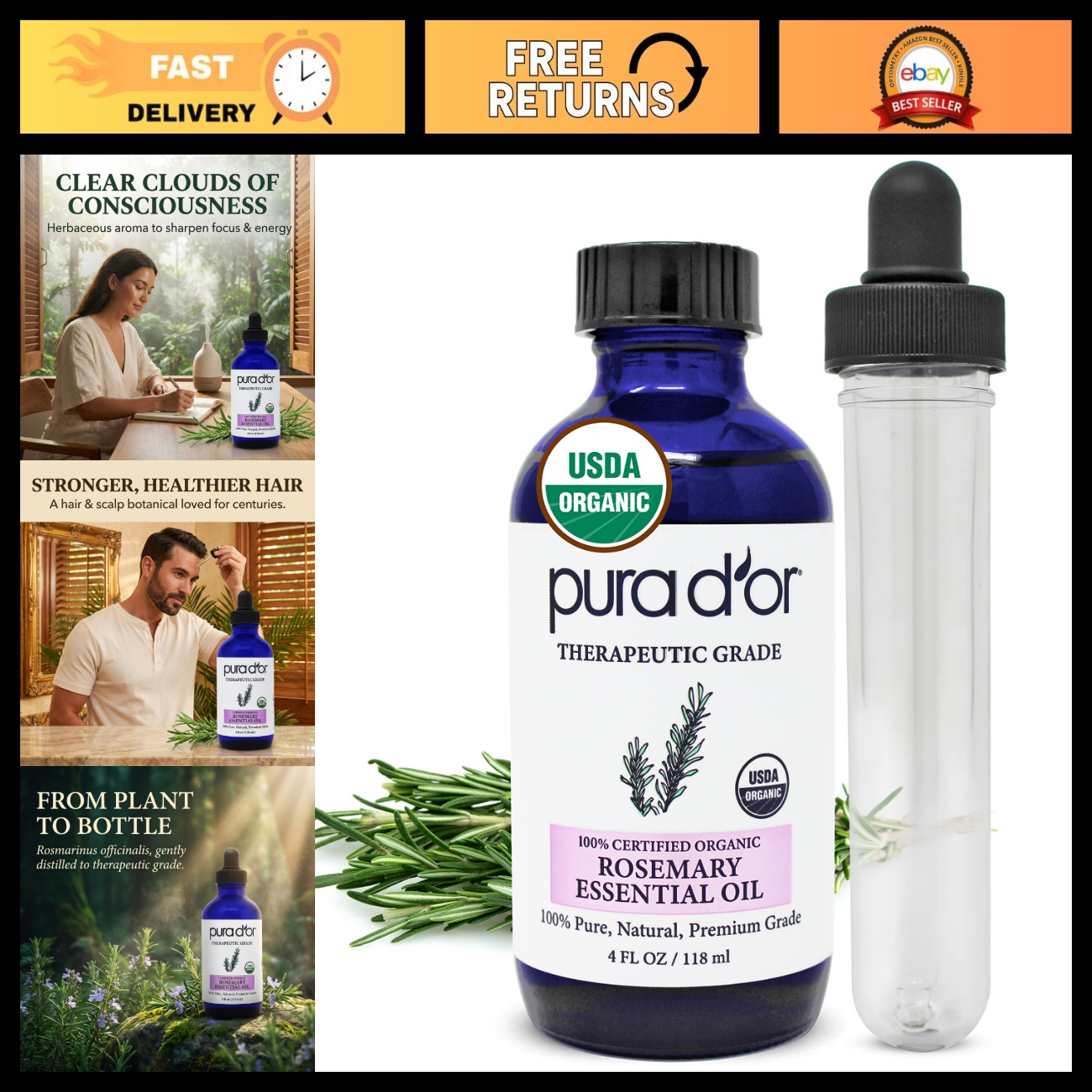 Organic Rosemary Essential Oil 4oz - Therapeutic Grade for Hair, Skin, Aromather