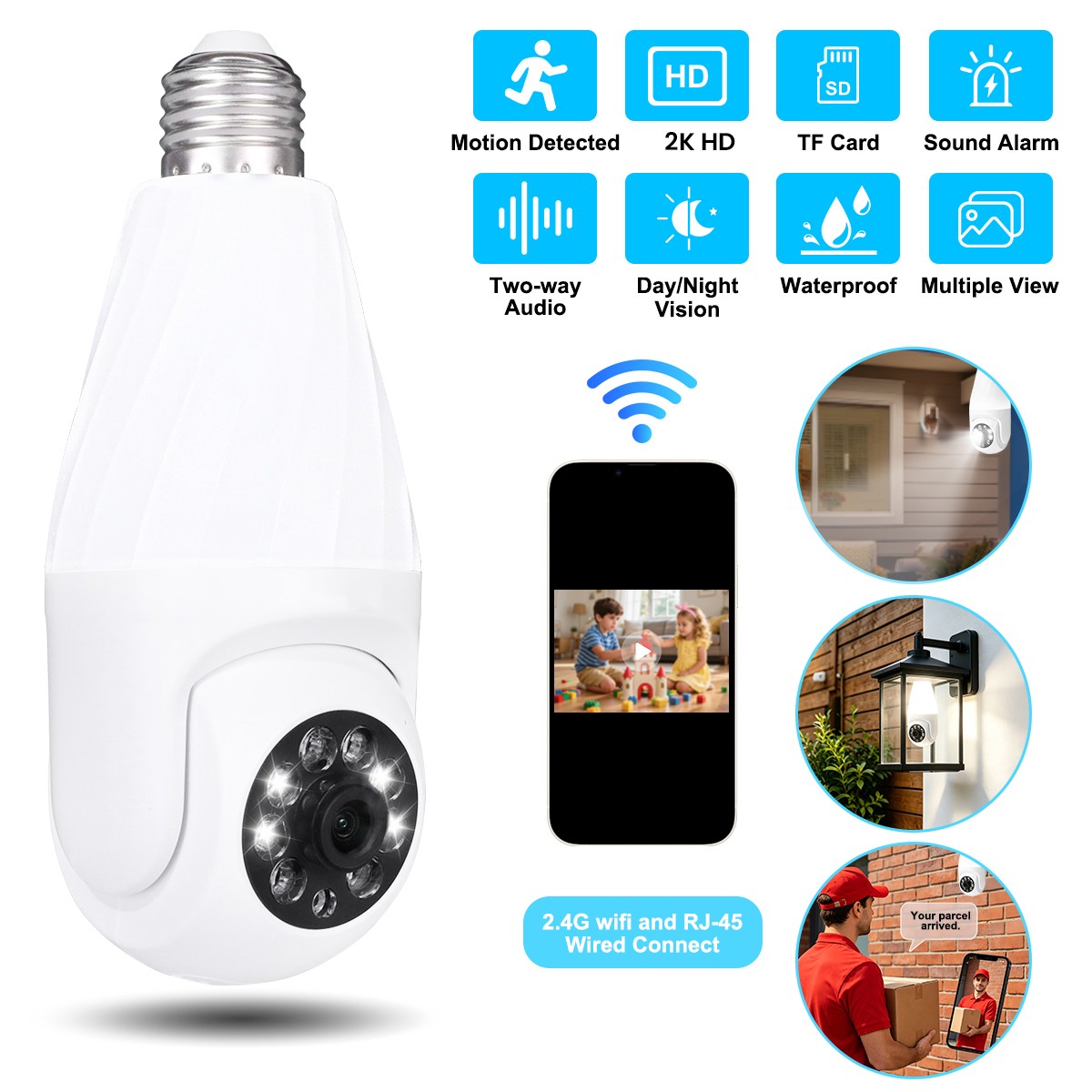 5G Security Camera 2K E27 Light Bulb Wireless WiFi Camera 360°Night Vision Home