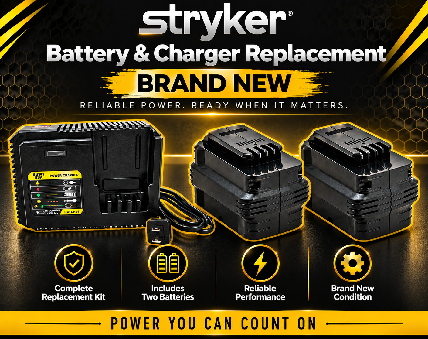 Stryker Power Pro XT LI-ion Replacement (2)Batteries & Charger - NEW - 