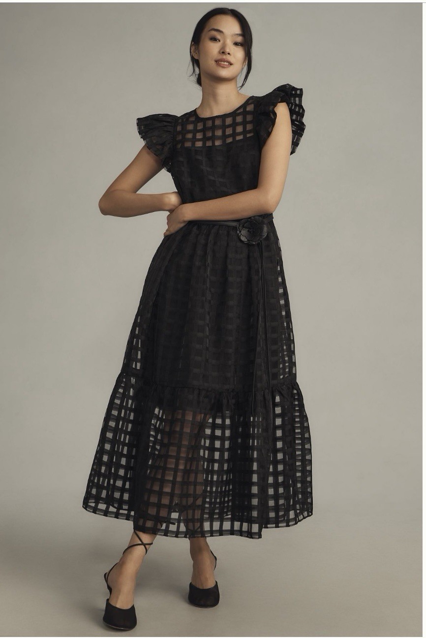 English Factory Fluttered-Sleeve Sheer Gridded Midi Dress Sz Sm Black NWT