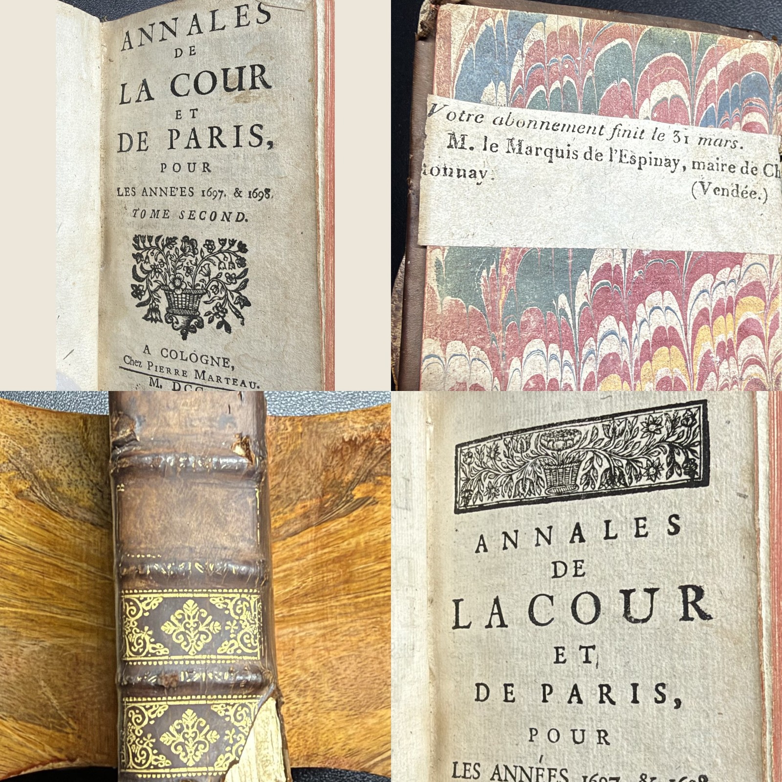 1702 Annales de la Cour et de Paris Vol 2 Courtilz d'Artagnan Author Spine Worn