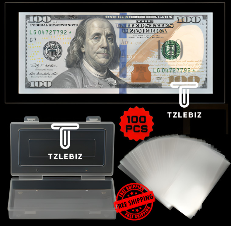 100Pcs Clear Currency Sleeves Holders Storage Case Dollar Bill Money Protector
