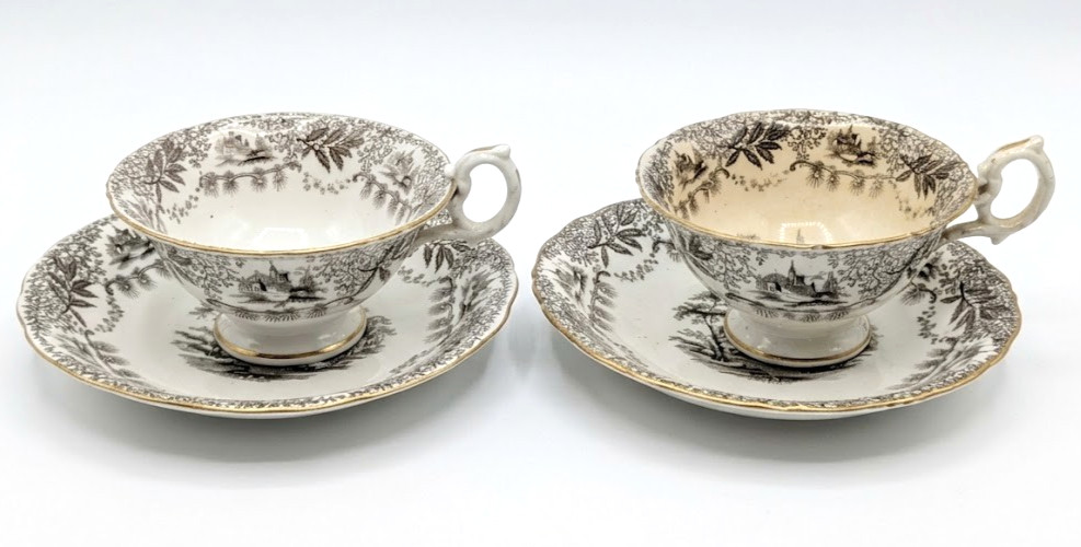 Pair Antique Victorian Brown Transferware Tea Cups & Saucers Gilt Country Scene