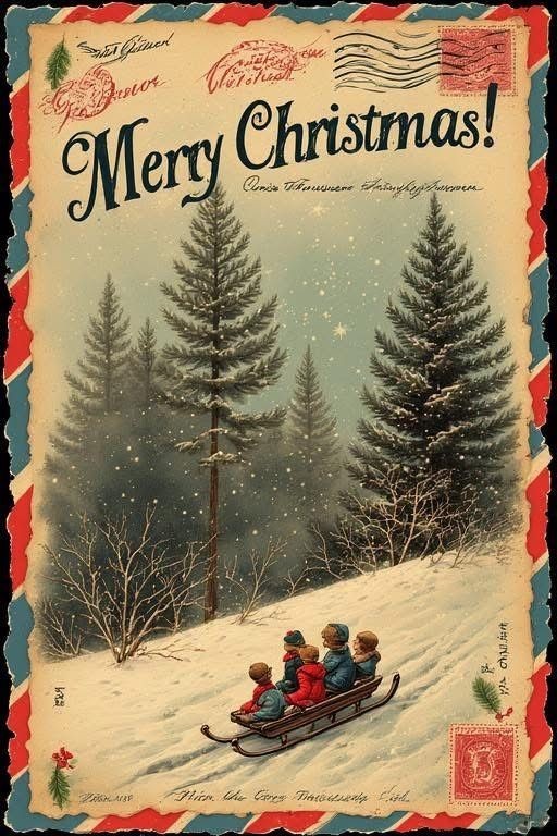 Merry Christmas Vintage Winter Sledding Holiday Poster