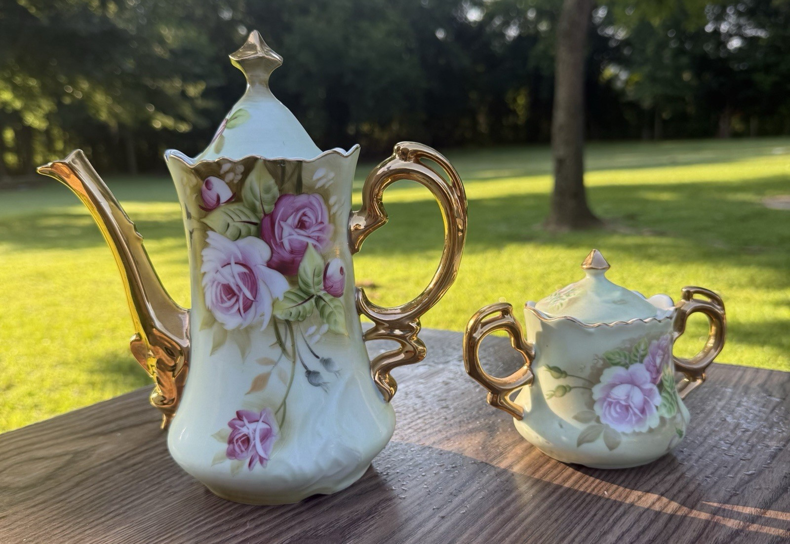Vintage LEFTON Green Heritage Pink Rose Teapot 3065 Sugar Bowl 05851 2 Piece Set