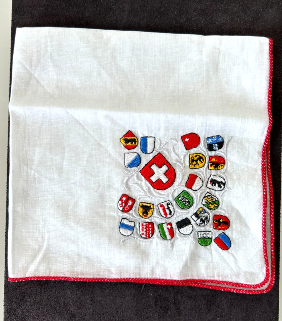 NOS Vtg 1950s Swiss Canton Shields Handkerchief Embroidered Souvenir Linen 11\ NOS Vtg 1950s Swiss Canton Shields Handkerchief Embroidered Souvenir Linen 11\