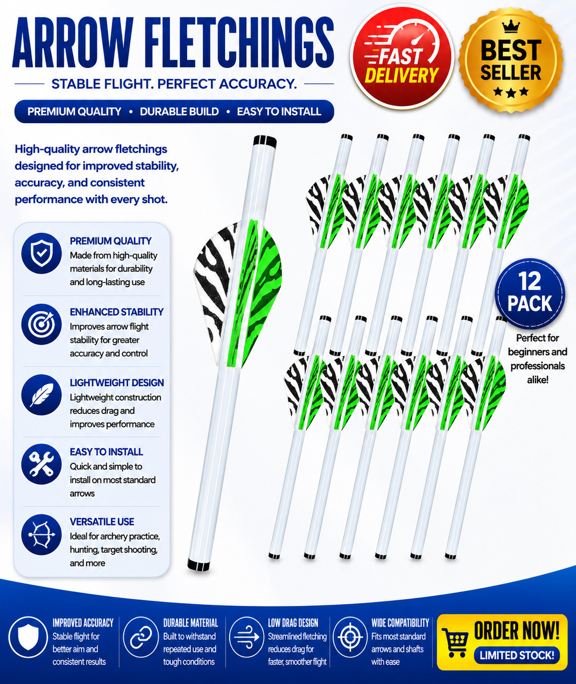 LEANPRO 12-Pack Shrink Fletch with 2 Inch Vanes, Stretch Arrow Wraps Universa...