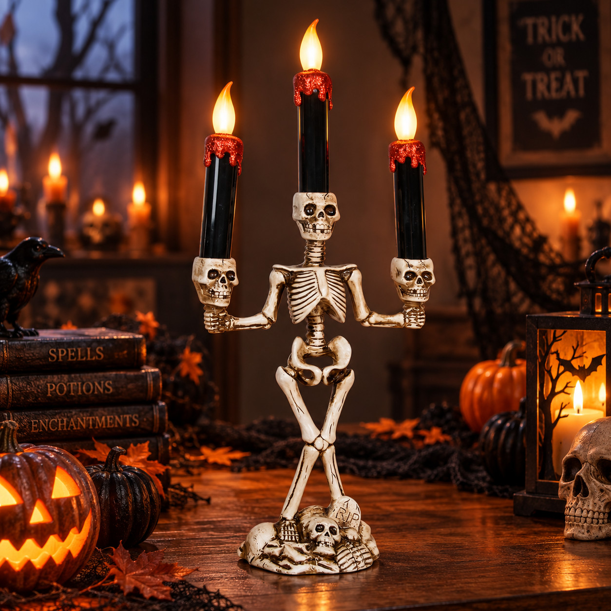 Gothic Skeleton Candle Holder with 3 LED Candles, Halloween Table Centerpiece Gothic Skeleton Candle Holder with 3 LED Candles, Halloween Table Centerpiece