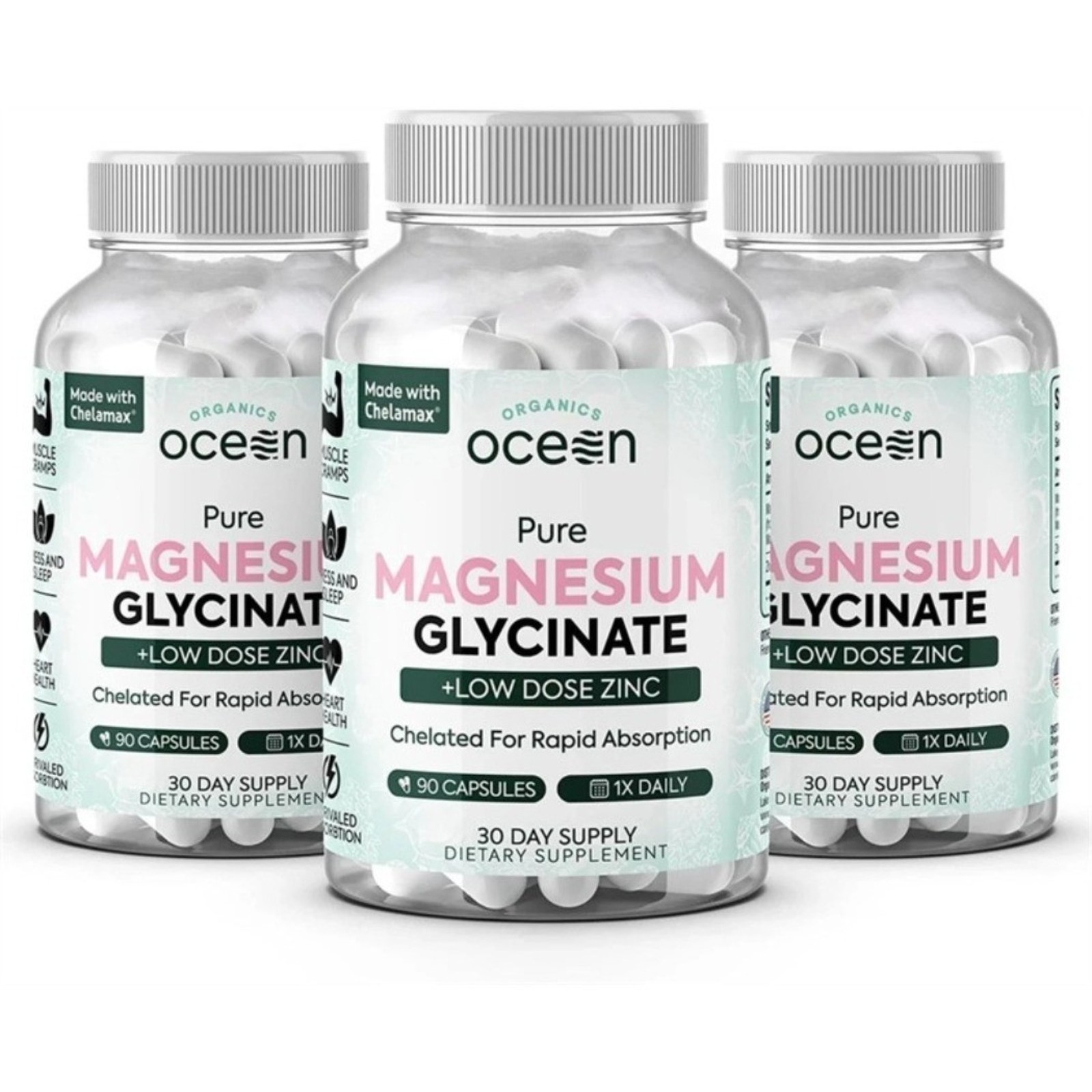 Organics Ocean Pure Magnesium Glycinate Strength Chelated supplement-3 PACK