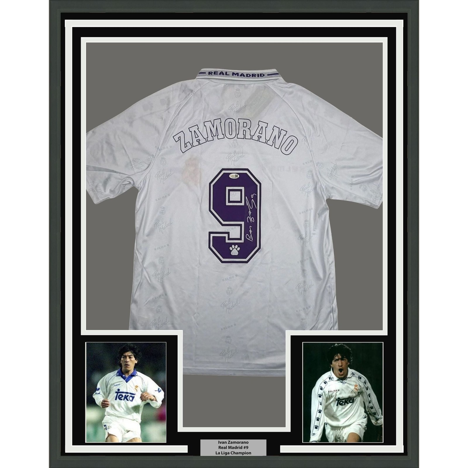 Framed Autographed/Signed Ivan Zamorano 35x39 Real Madrid Jersey JSA COA Framed Autographed/Signed Ivan Zamorano 35x39 Real Madrid Jersey JSA COA