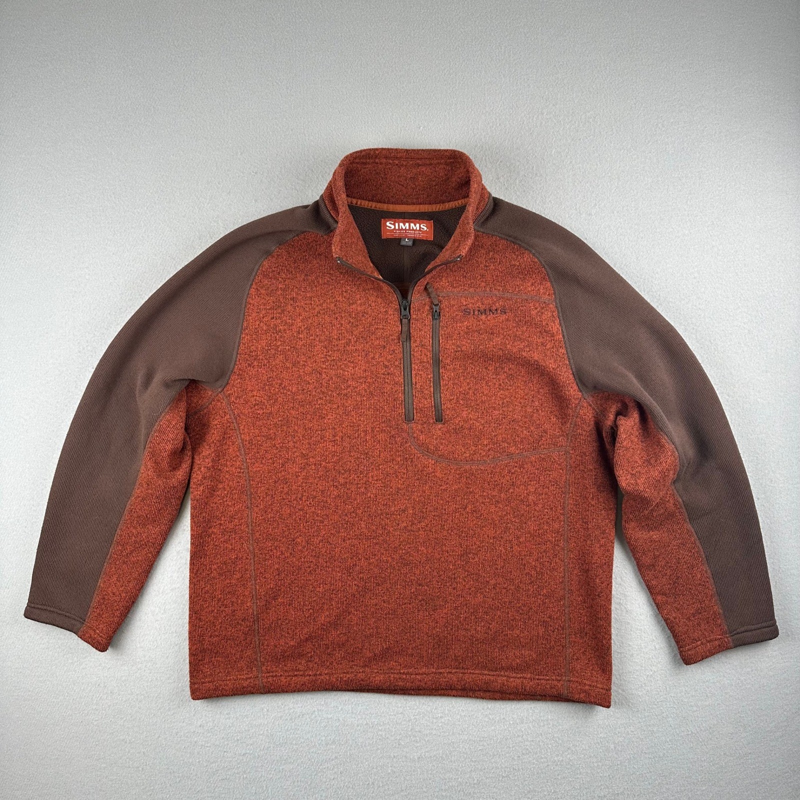 Simms Rivershed Sweater Men\'s Large Orange Brown 1/4 Zip Pullover Fleece Fishing Simms Rivershed Sweater Men\'s Large Orange Brown 1/4 Zip Pullover Fleece Fishing