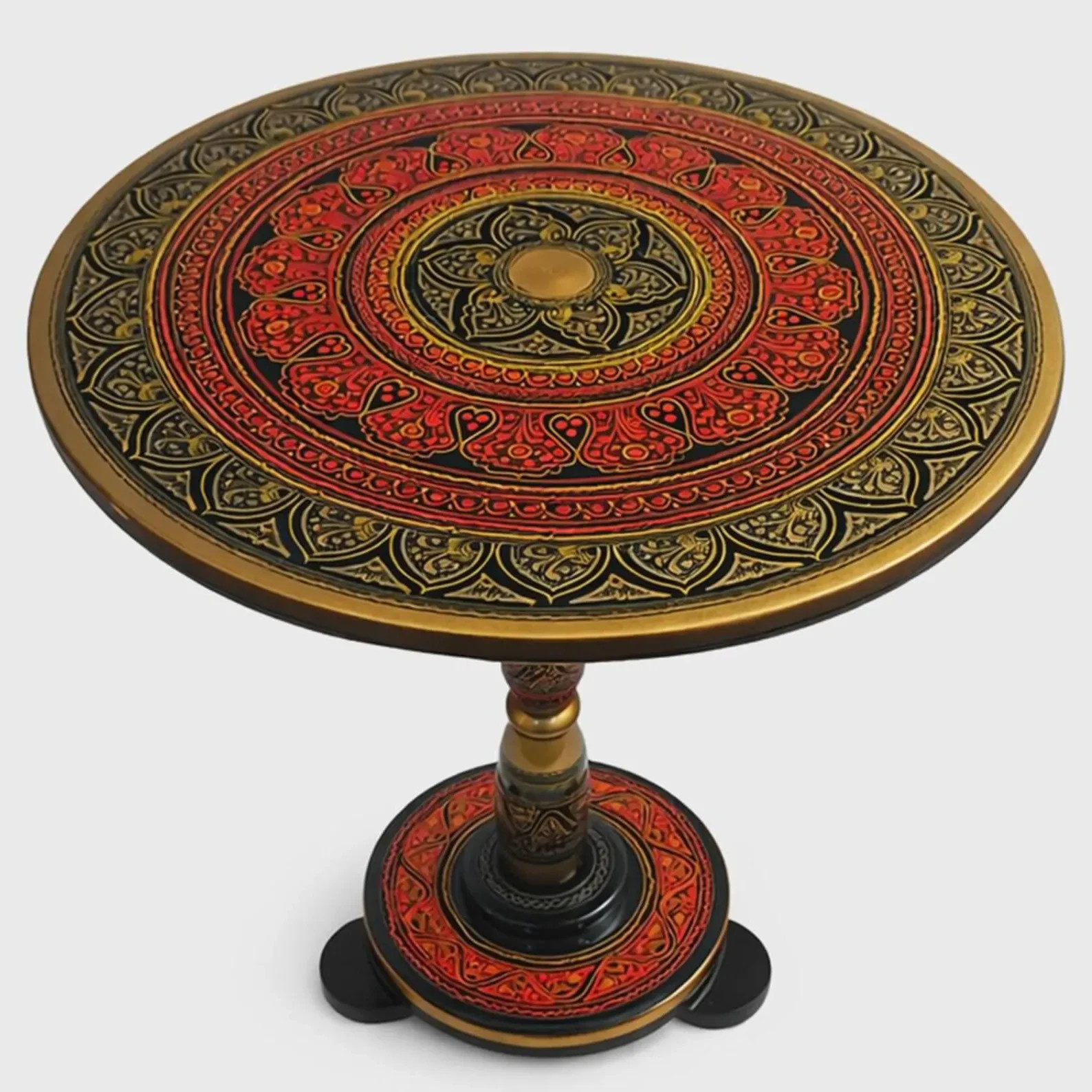 Handcrafted Rosewood Side Table – Hand-Etched Lacquer Accent Piece, Round Pedest