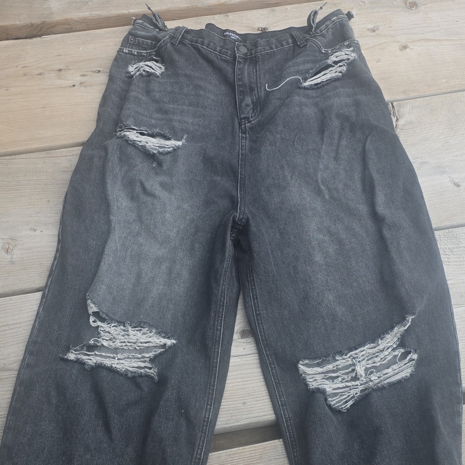 Balenciaga Men’s Black Denim Distressed Straight Jeans XL 5-Pocket Button
