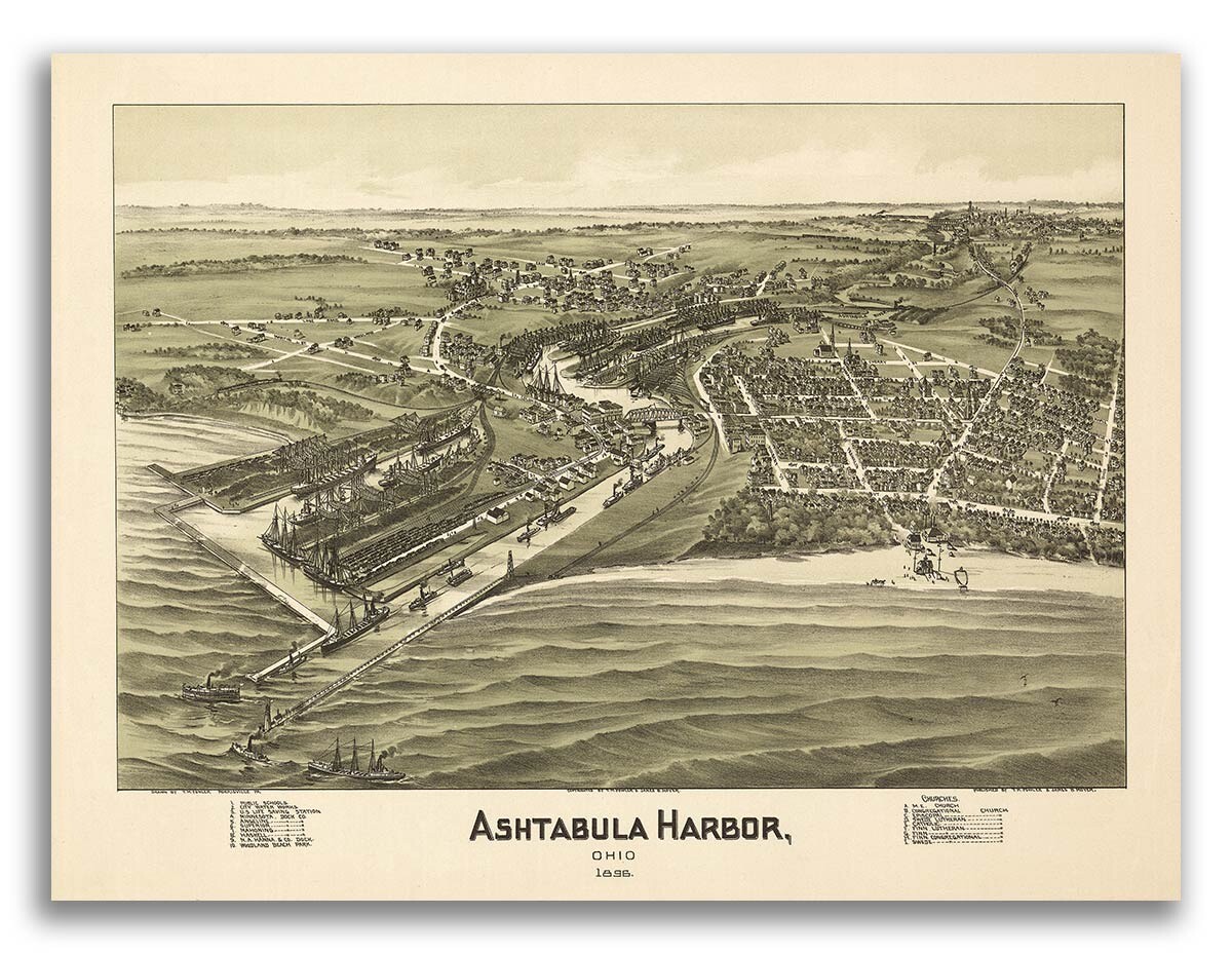 Ashtabula Ohio 1896 Historic Panoramic Town Map - 24x32