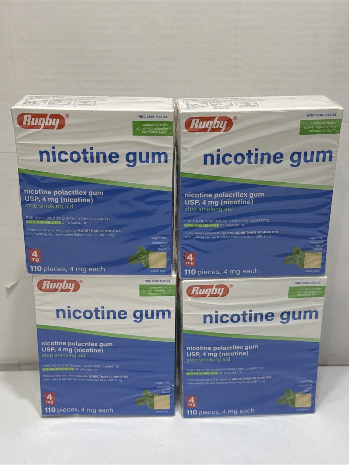 LOT x4 Rugby Nicotine Gum 4mg Sugar-Free Uncoated Mint Flavor 110 Count LOT x4 Rugby Nicotine Gum 4mg Sugar-Free Uncoated Mint Flavor 110 Count