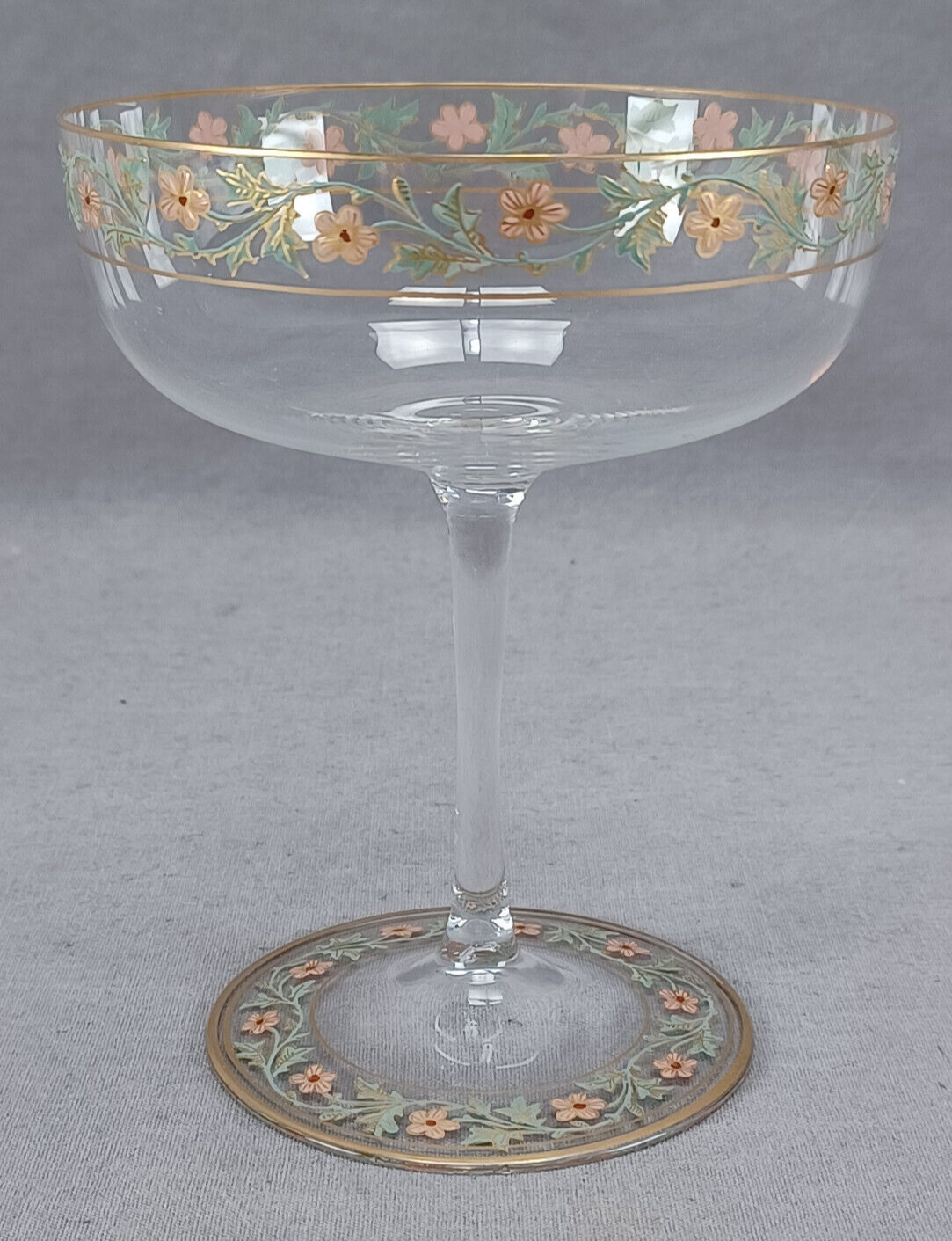 Antique Bohemian Hand Enameled Red Floral & Gold Border Champagne Glass