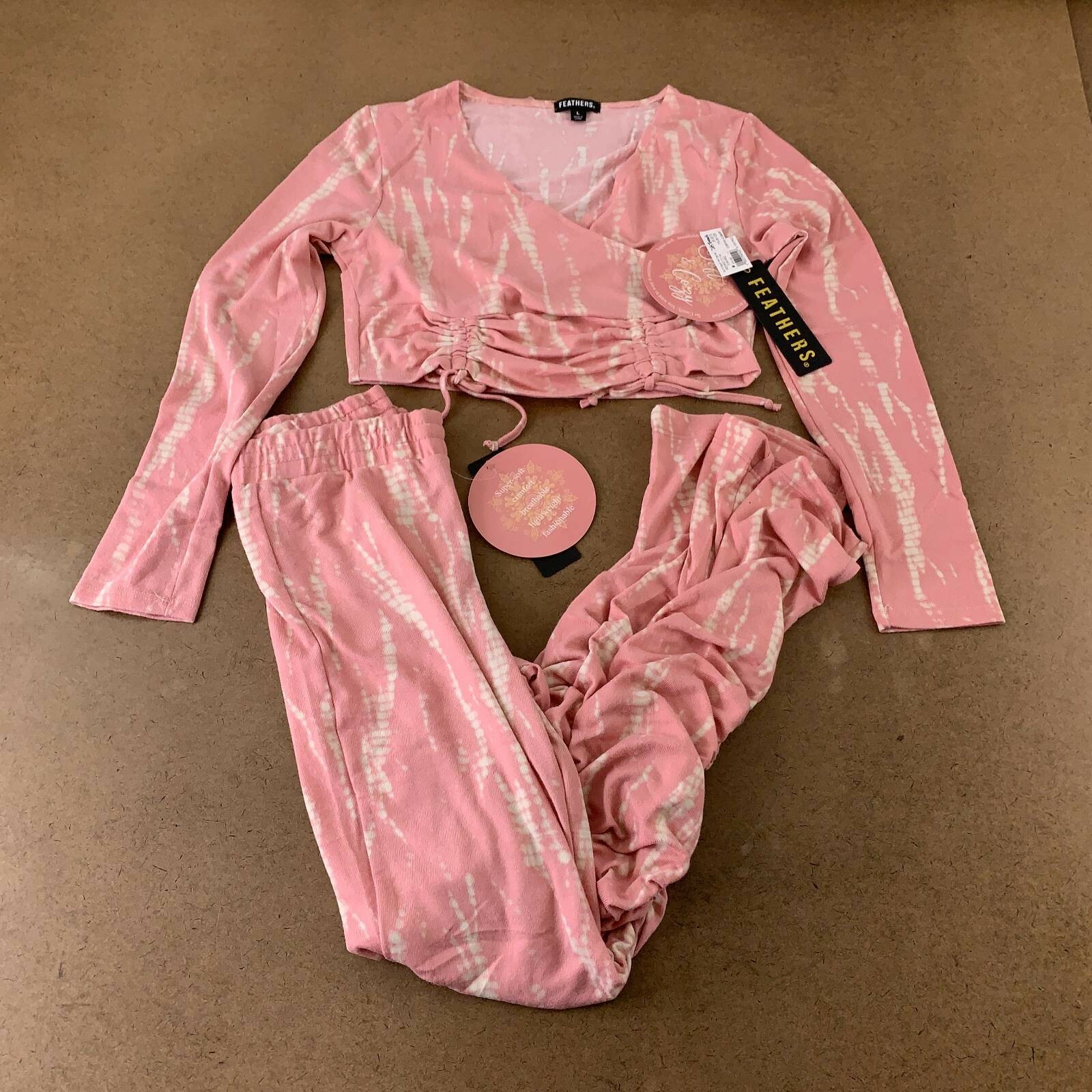Feathers Womens Top Pants Set Pink White Shibori V Neck Ruched Stretch L New Feathers Womens Top Pants Set Pink White Shibori V Neck Ruched Stretch L New