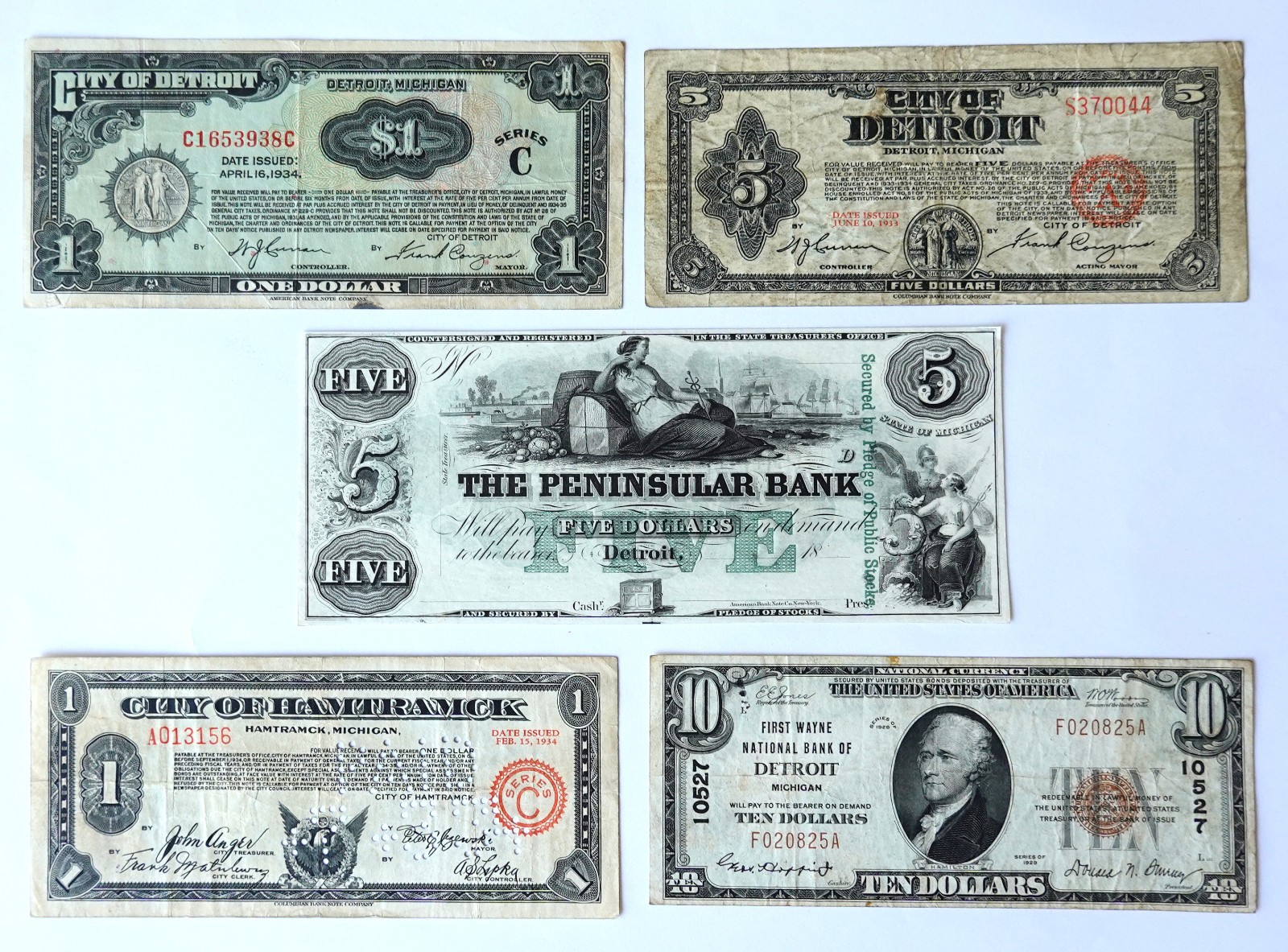 LOT OF 5 VINTAGE DETROIT MICHIGAN AREA BANK NOTES CURRENCY