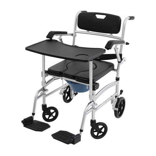 Foldable Shower Commode Chair with Wheels, Aluminum Alloy, Black