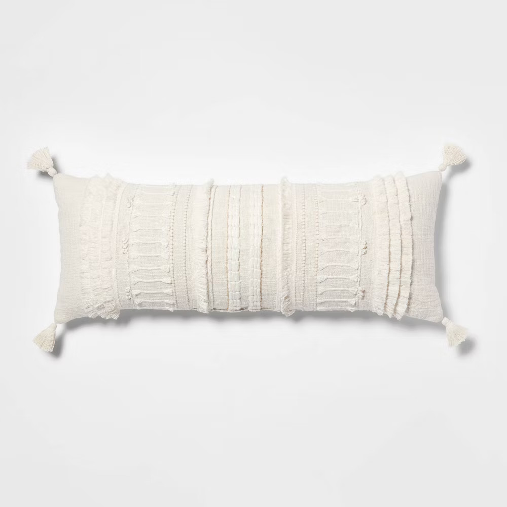 Oversized Oblong Woven Knotted Fringe Decorative Throw Pillow Natural -