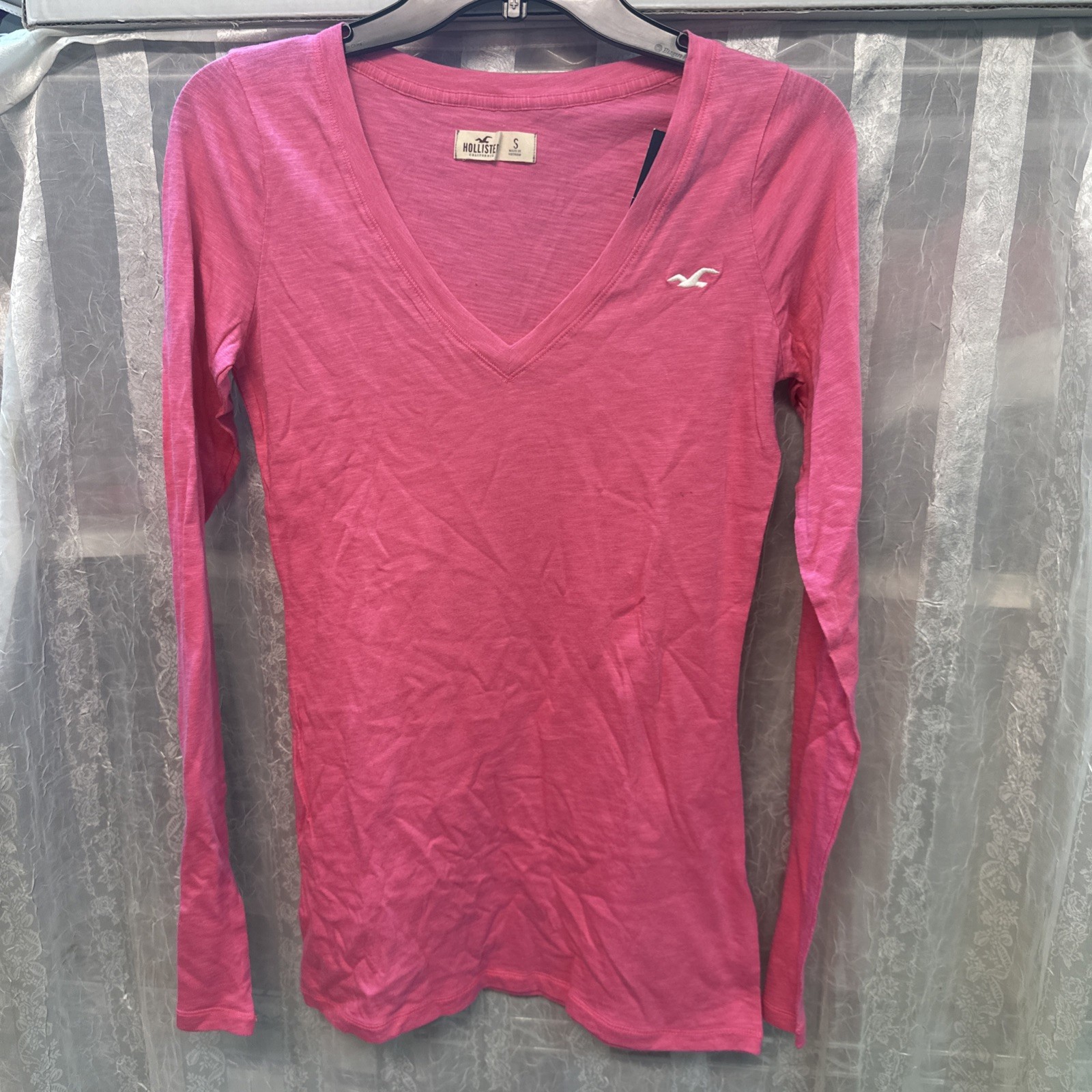 New Hollister Women Long Sleeve T-Shirt V Neck Pink Size S