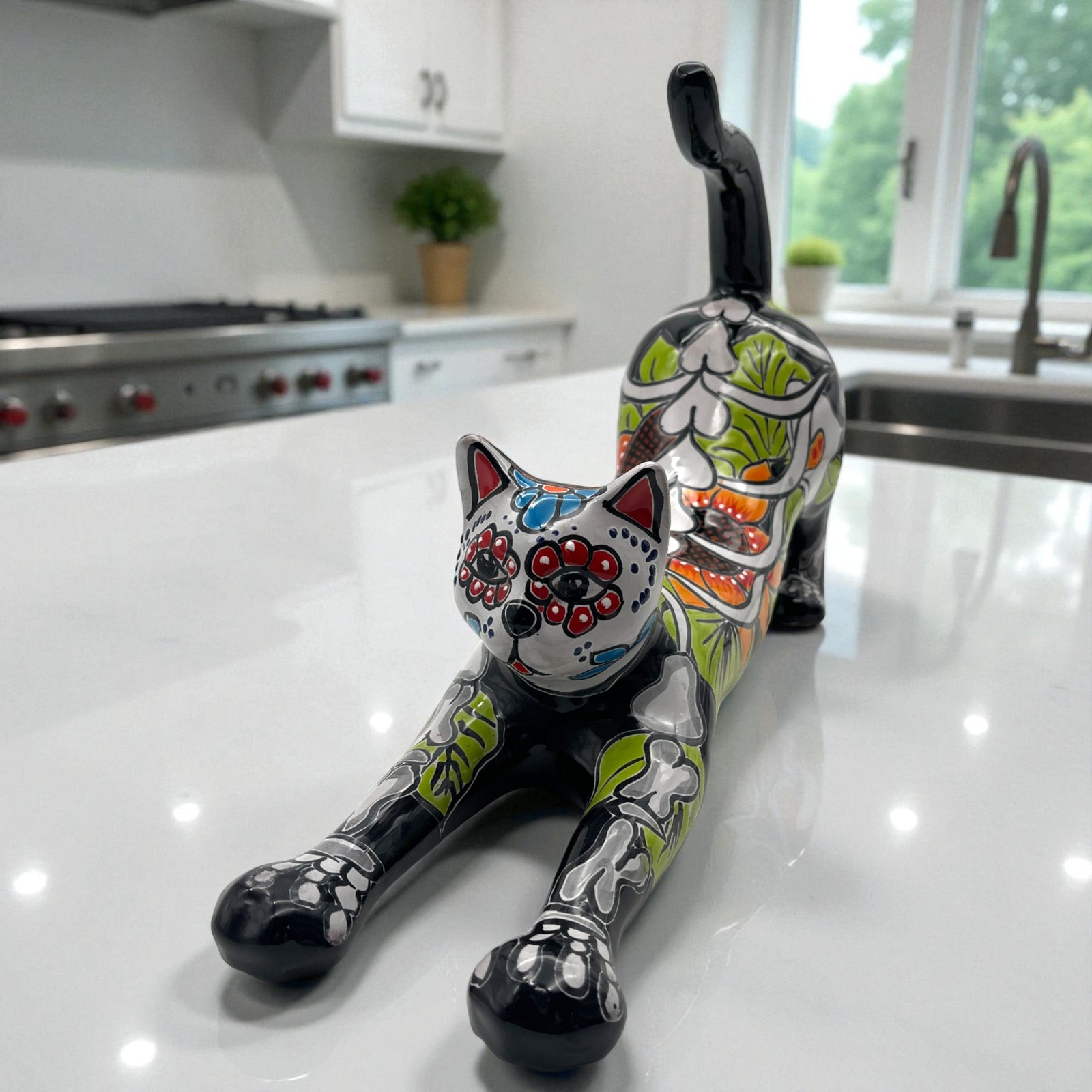 Talavera Stretching Cat Statue | Mexican Folk Art Decor