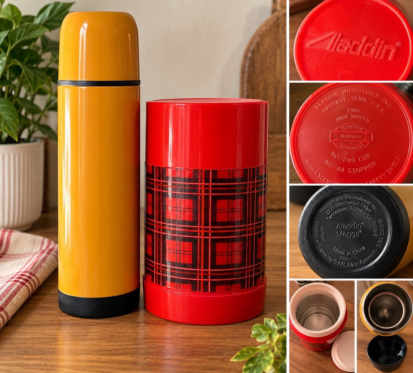 Vintage Aladdin Thermos Lot of 2 Red Plaid Food Jar & Yellow Megga Flask