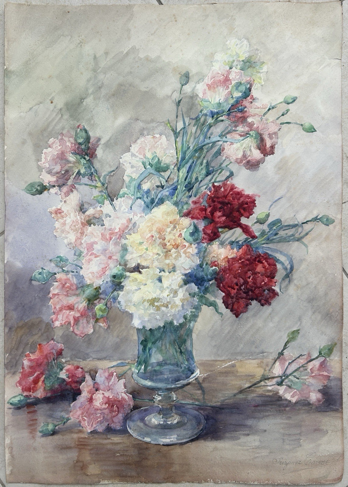 Antique Original Watercolor Floral Bouquet On Paper, Signed