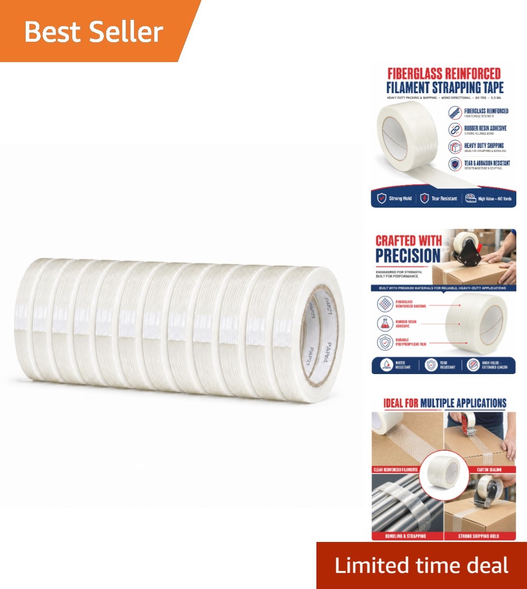 Tear Resistant Fiberglass Packing Tape - 12 Rolls 3/4 in x 60 yds, High Strength