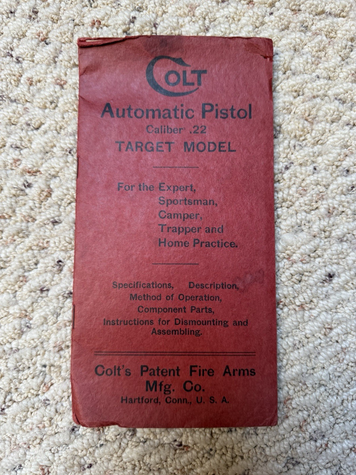 Vintage Colt Woodsman Manual, Target Model. Colt 1910s 1920s. Colt Form M-90-R