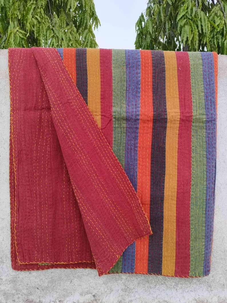 Indian Handmade Multi-Color Striped Patchwork Cotton Kantha Quilt,  90X108