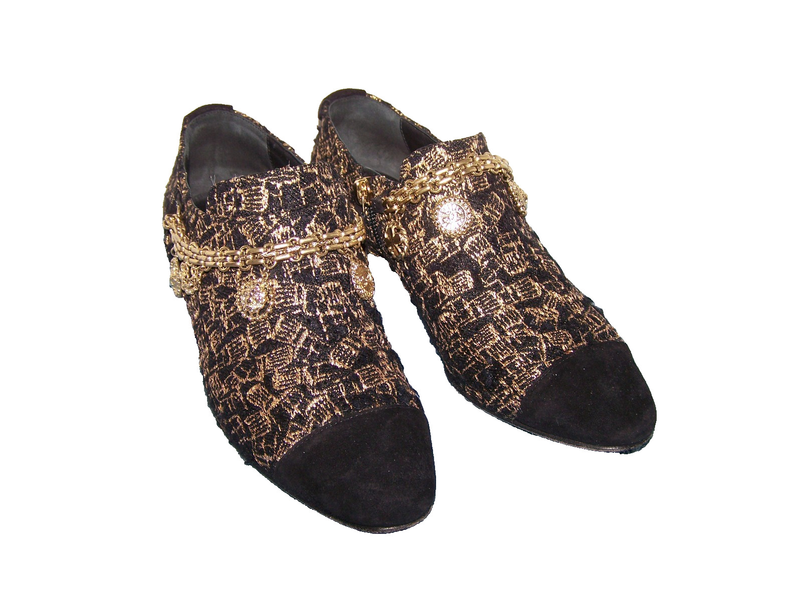 CHANEL Gold and Black Tweed Ankle Boots Shoes w/ Logo Charms Size 36 C Italy CHANEL Gold and Black Tweed Ankle Boots Shoes w/ Logo Charms Size 36 C Italy