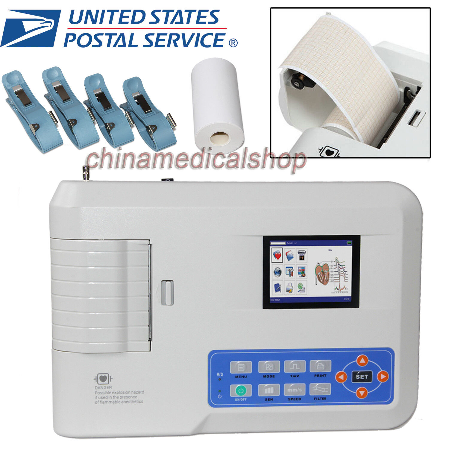 PC Software 3 channels 12 lead ECG/EKG Machine Electrocardiograph Printer USA
