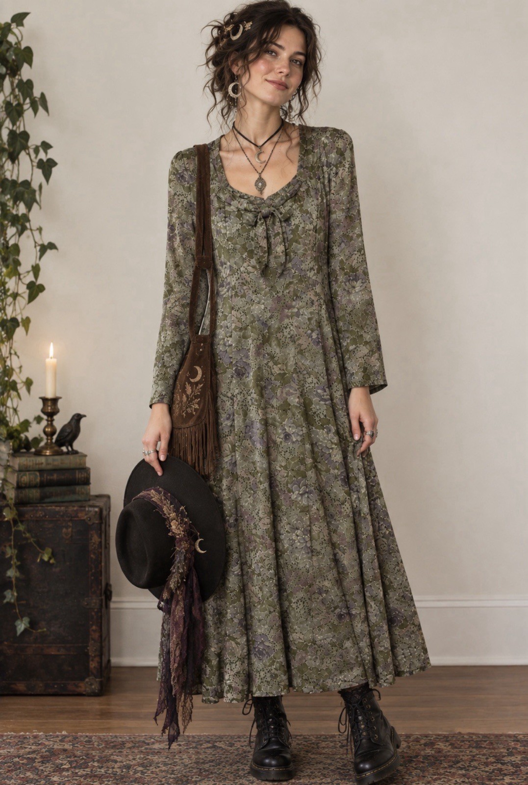 VTG Carole Little L Olive Green Floral Long-Sleeve Midi Dress WHIMSIGOTH fall VTG Carole Little L Olive Green Floral Long-Sleeve Midi Dress WHIMSIGOTH fall