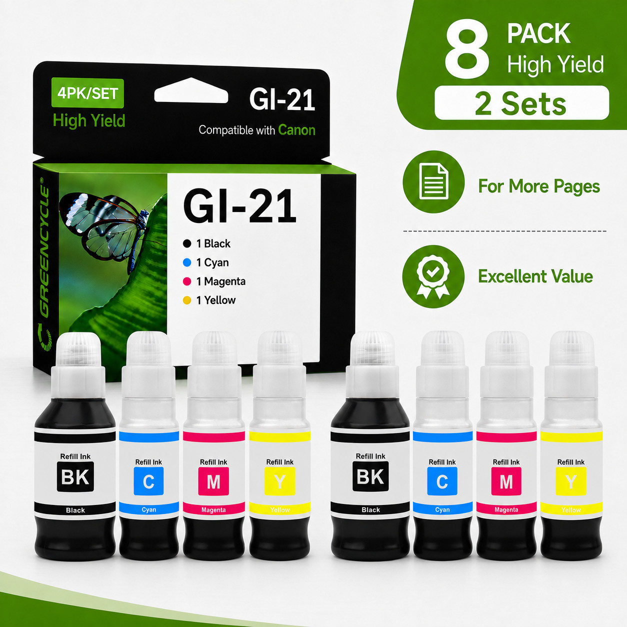 GREENCYCLE 8PK GI21 Value Pack Ink Bottles for Canon PIXMA G3270 G3290 G3262