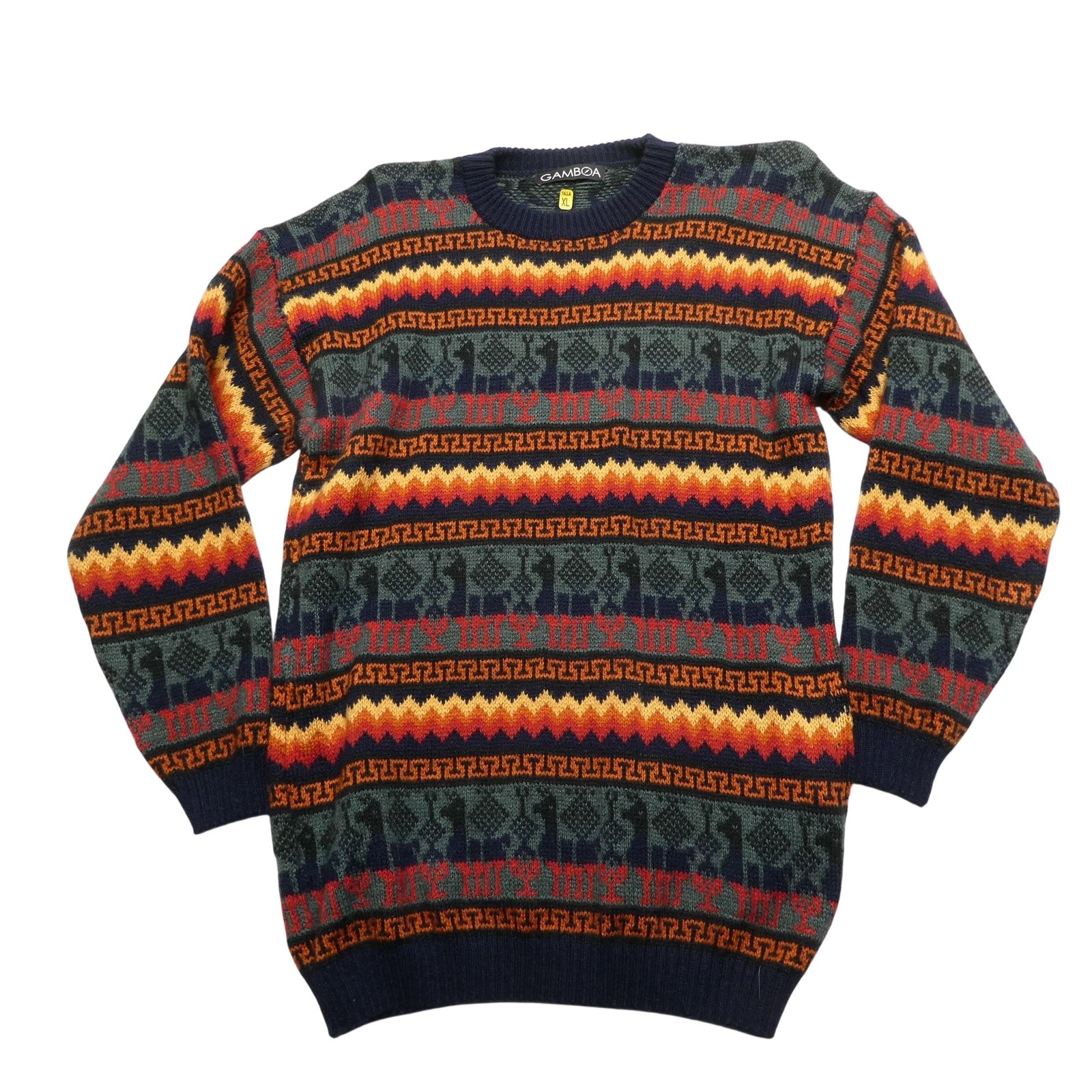 Gamboa Sweater Mens Medium Multicolor Alpaca Wool Llama Tribal Crewneck Pullover