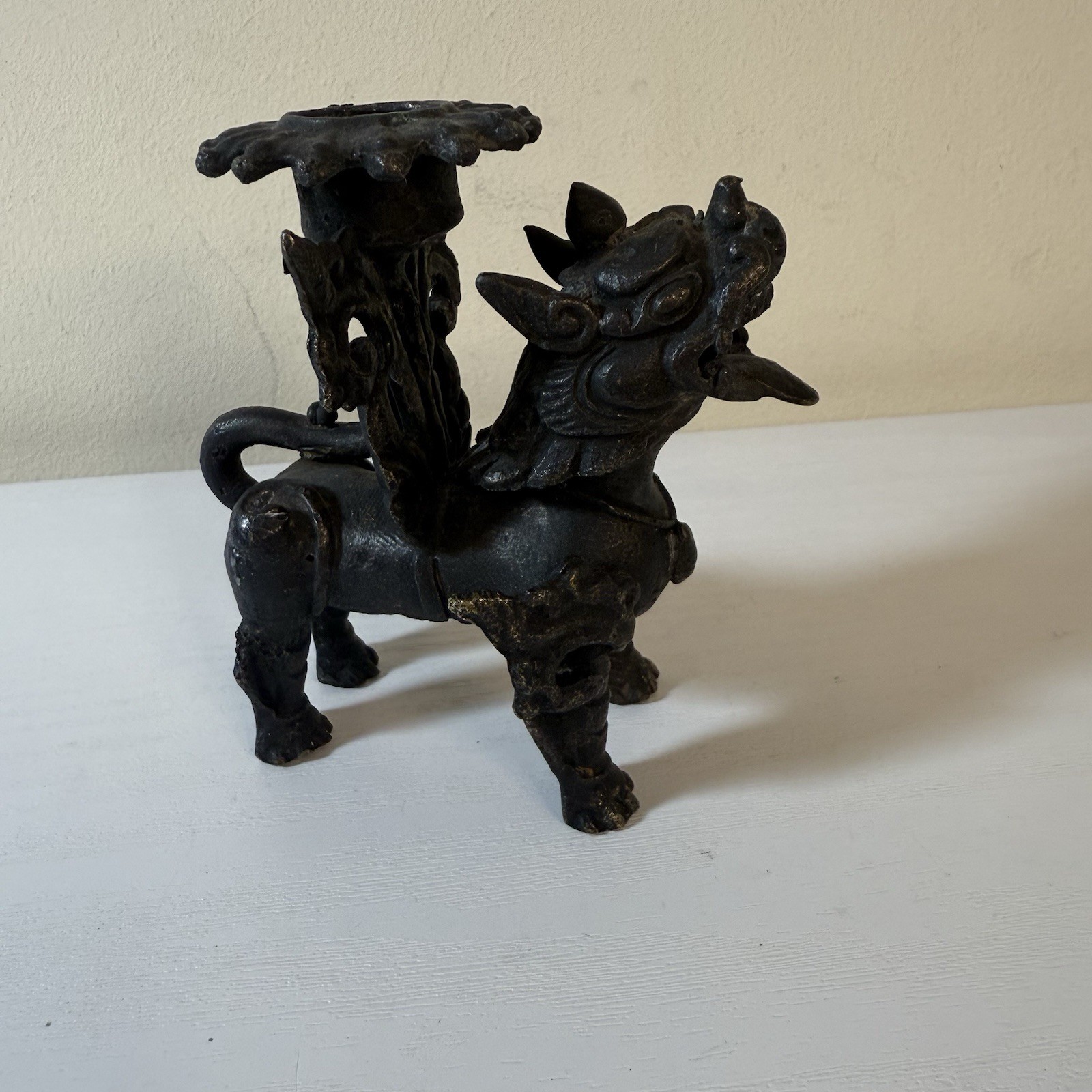 Antique Cast Bronze Foo Dog Candle Holder/Incense Burner Late 19th Century China