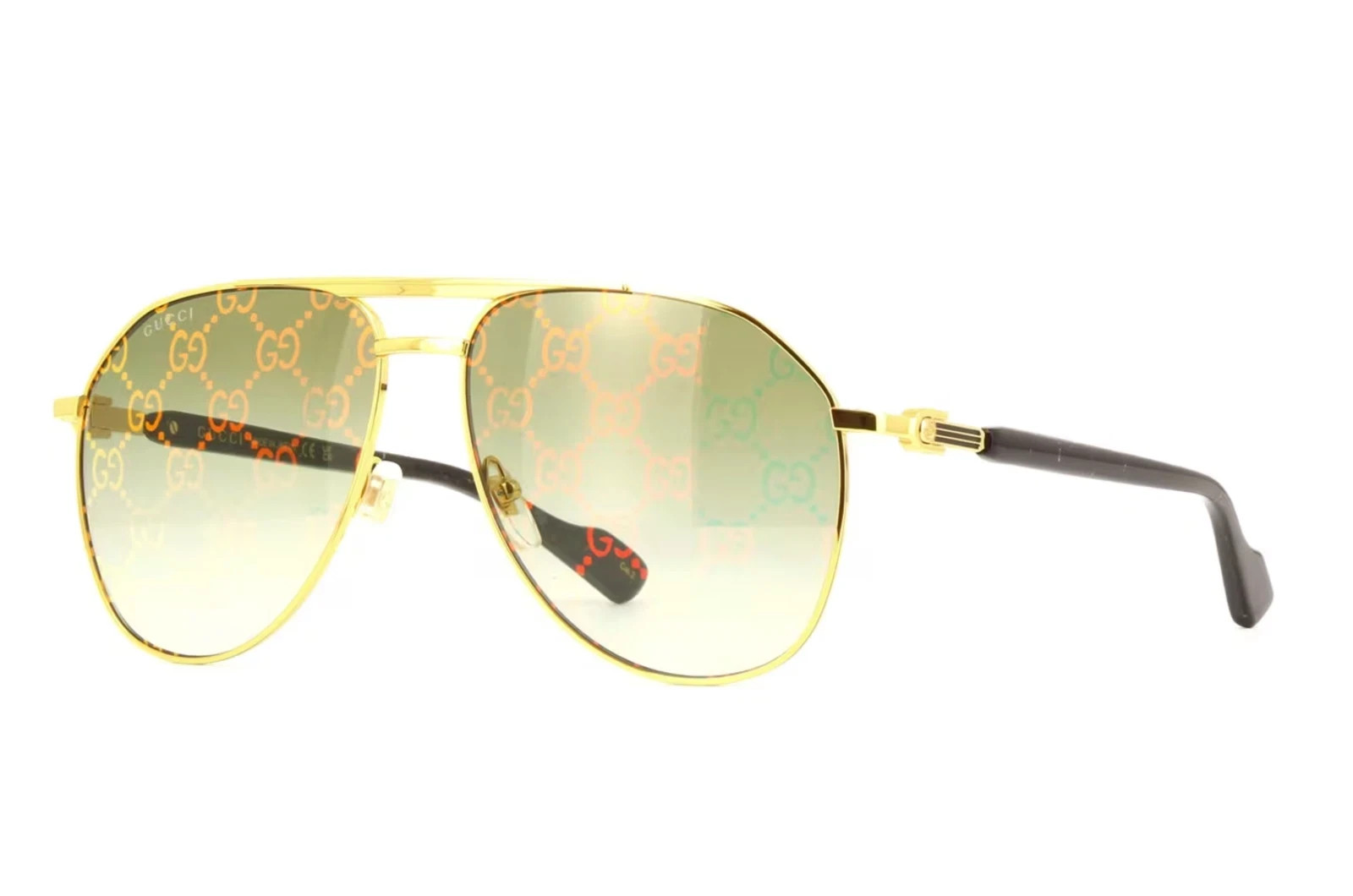 Gucci GG1220S 004 Unisex Aviator Sunglasses in Gold with Green GG Pattern Lens Gucci GG1220S 004 Unisex Aviator Sunglasses in Gold with Green GG Pattern Lens
