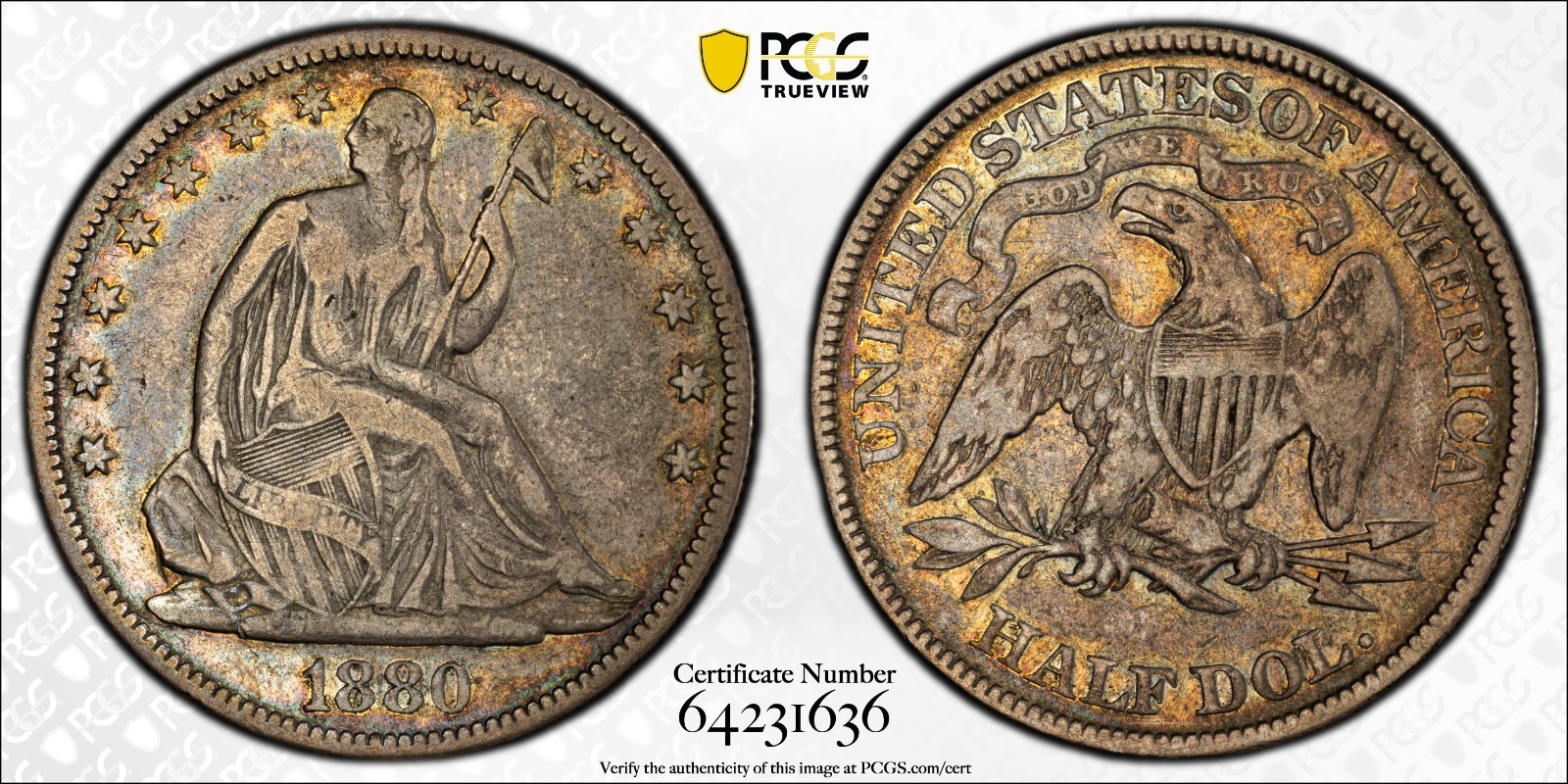 1880 SEATED LIBERTY HALF DOLLAR PCGS F15 TONED LILAC GREY
