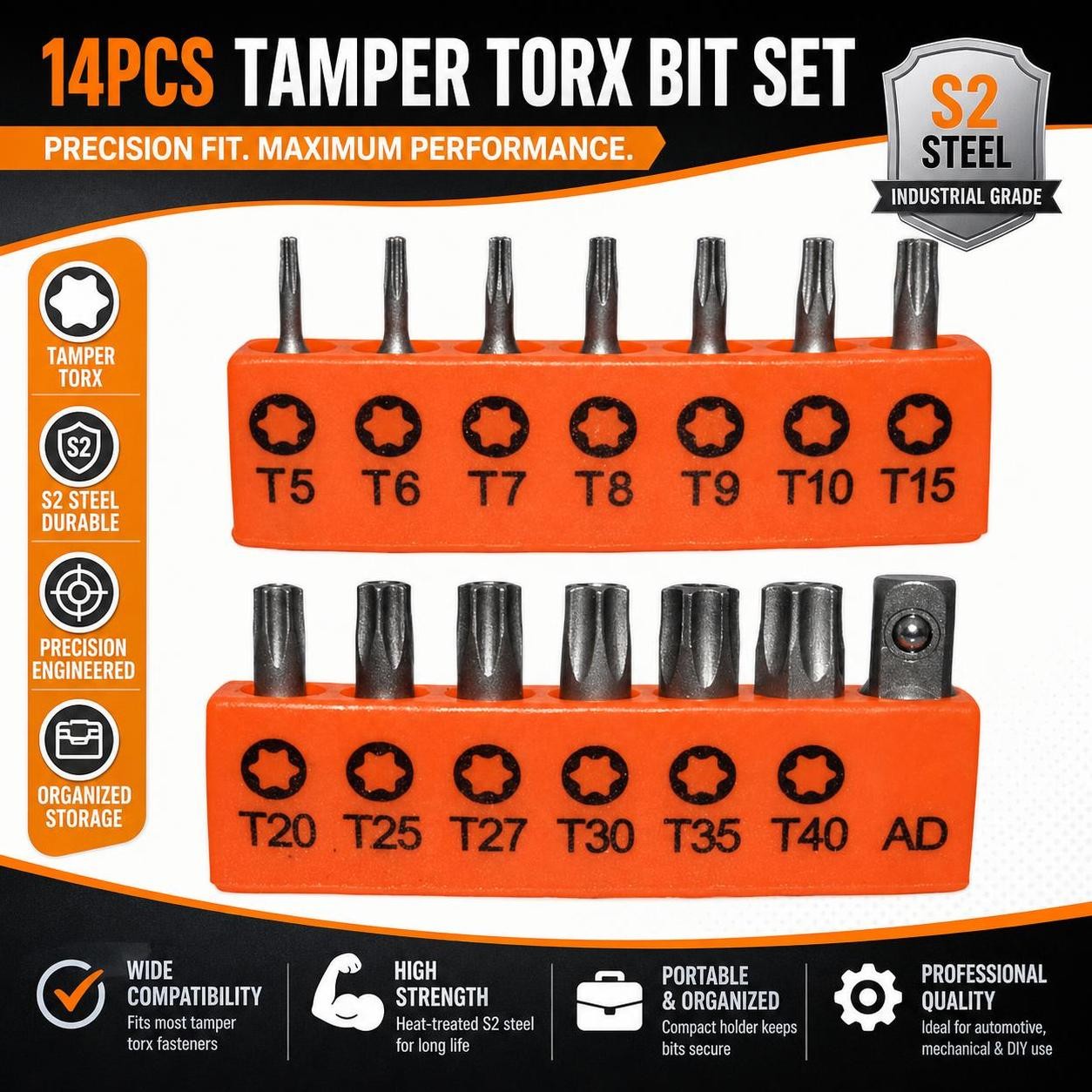 14PC Torx Hex Bit Set Security Tamper Proof Torq Star Resistant S2 Steel T5 -T40