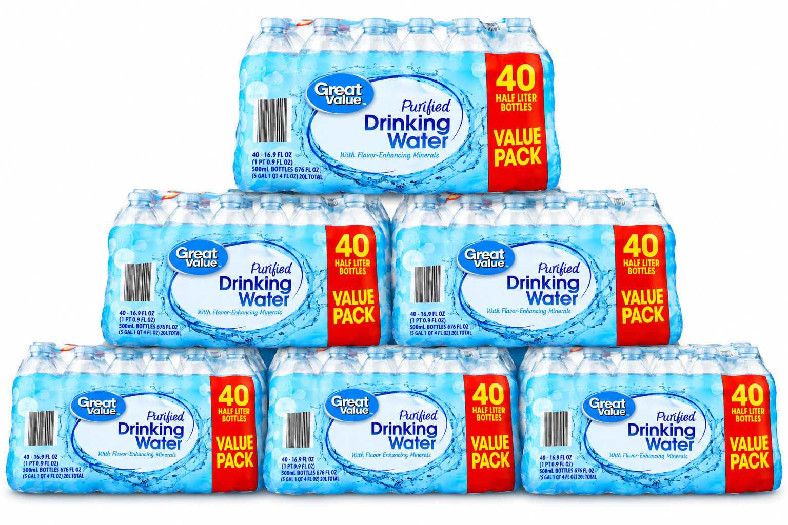 (6 PACK) Great Value Purified Drinking Water, 16.9 fl oz Bottles, 40 Count Pack